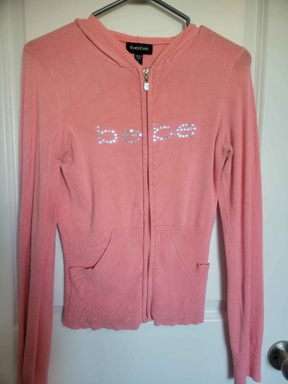 BEBE pink hooodie gemstones ribbed waist, womens